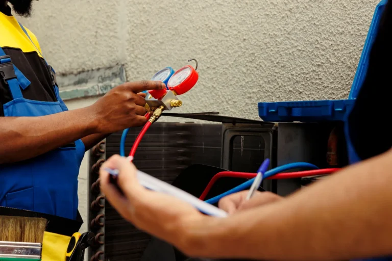 Two technicians from Horizon Air inspect an air conditioning unit; one checks pressure gauges while the other takes notes on a clipboard, ensuring top-quality AC repair and maintenance.