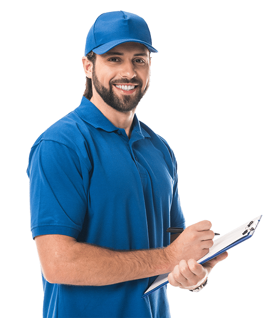A man in a blue polo shirt and cap holds a clipboard and pen, smiling at the camera—ready to assist with your AC repair or maintenance needs.