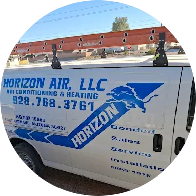 A white service van with a ladder on top displays "Horizon Air, LLC Air Conditioning & Heating" along with contact information, advertising AC Repair and AC Installation services.
