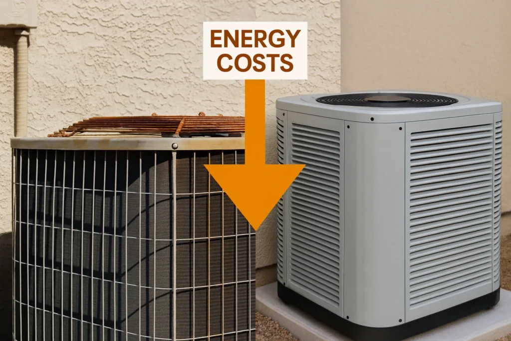 Two air conditioning units side by side, with an arrow pointing from the older unit to the newer one and “ENERGY COSTS” above the arrow, highlighting potential savings with AC replacement in Bullhead City.