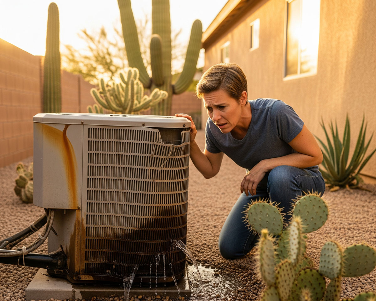 A homeowner looking at their AC unit, showing signs AC needs repair.