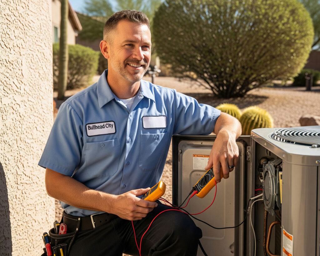 A technician in a blue "Bullhead City" uniform uses a multimeter to check an outdoor air conditioning unit in the sunny desert—expert AC Repair in Bullhead at work.