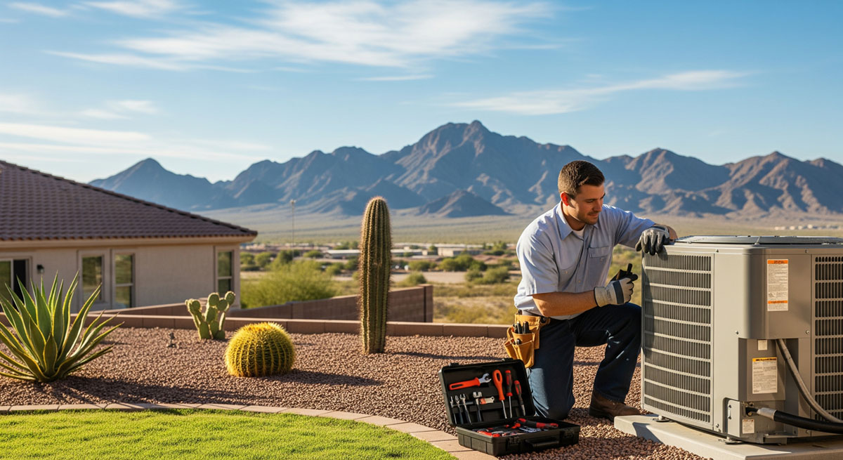 A technician kneels beside an outdoor air conditioning unit, using a tool amid desert landscaping and mountains—showcasing expert AC Repair in Bullhead.