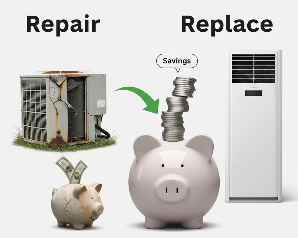 A split image illustrates AC installation vs replacement: a damaged air conditioner labeled "Repair" with a cracked piggy bank, contrasted with a new unit labeled "Replace," paired with an intact piggy bank and stacked coins marked "Savings.