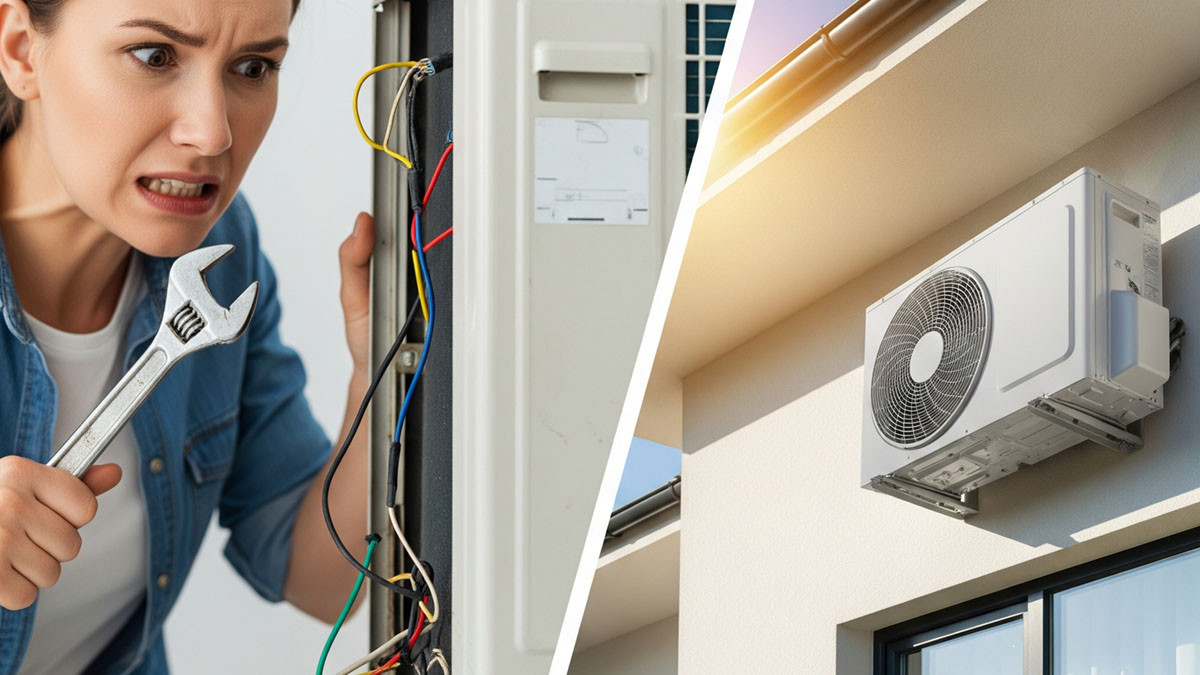 A woman holding a wrench looks concerned while examining exposed wires of an indoor AC unit, perhaps weighing her options between AC installation vs replacement; outside, an outdoor unit is mounted on the wall.