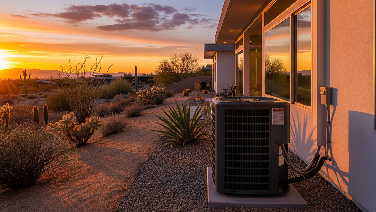An air conditioning unit sits beside a modern house in a desert landscape at sunset, with cacti and shrubs nearby.