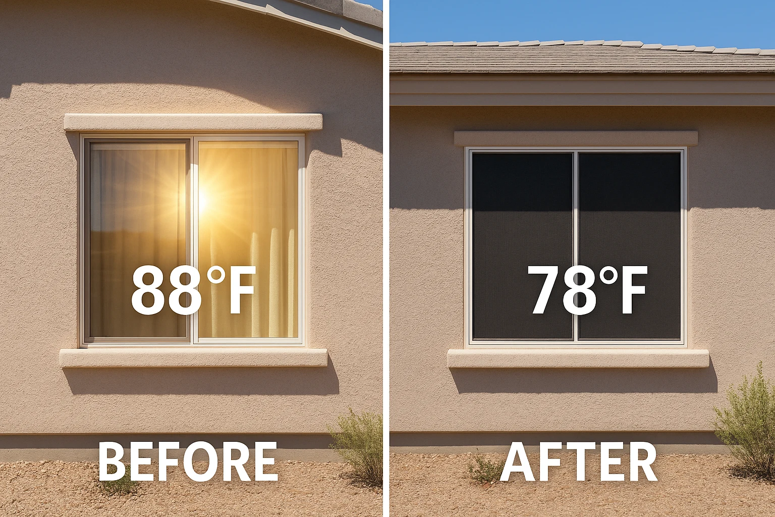 Before and after: Mohave County home showing temperature drop from 88°F to 78°F after shade screen installation