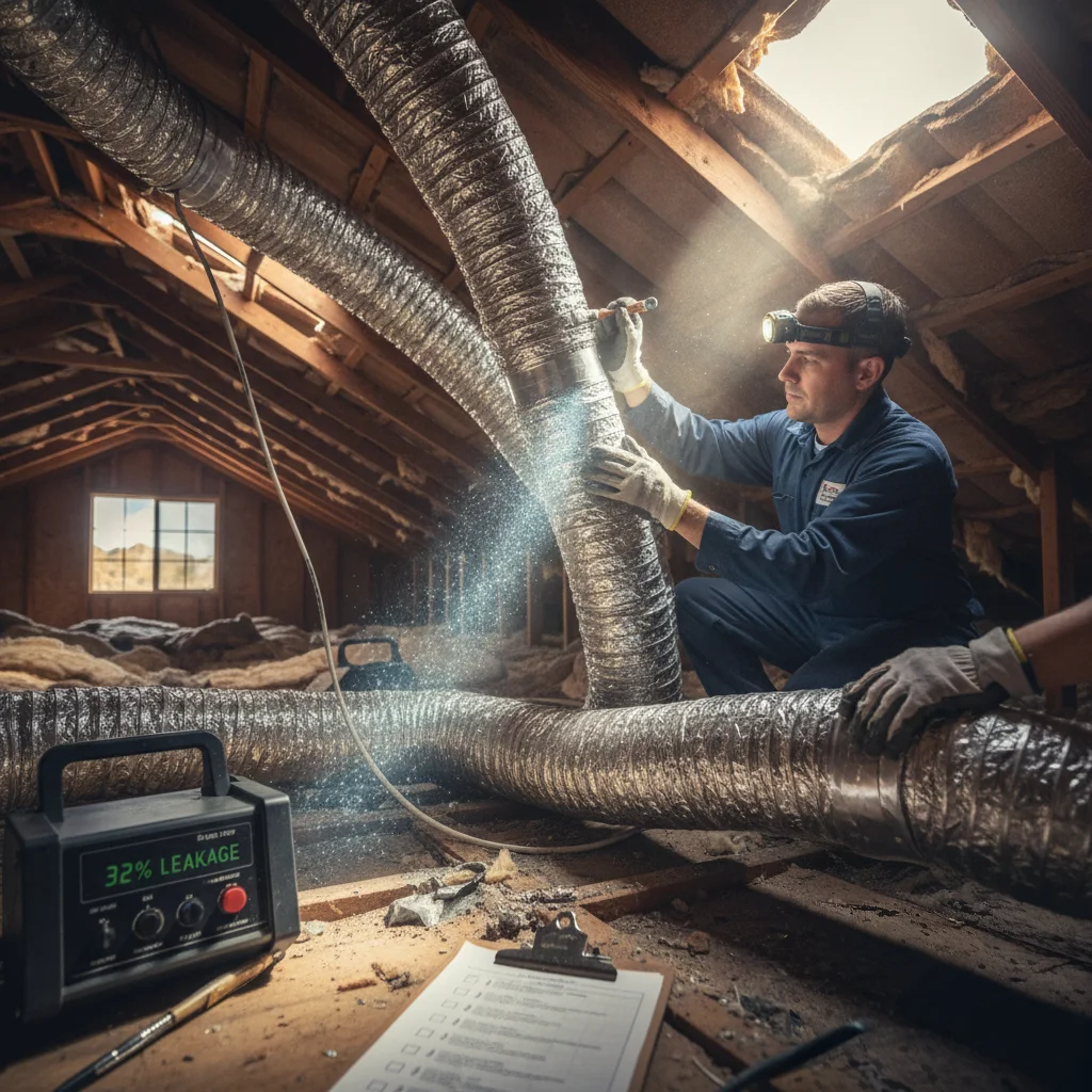 A technician wearing a headlamp inspects ductwork in an attic in Mohave County, checking for leaks. A leakage meter reads 32%, with a duct sealing checklist on the floor as sunlight streams through a roof opening.