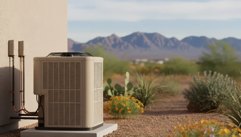 A heat pump outdoor unit is installed beside a house in a desert landscape, with mountains and native plants in the background under a clear sky.
