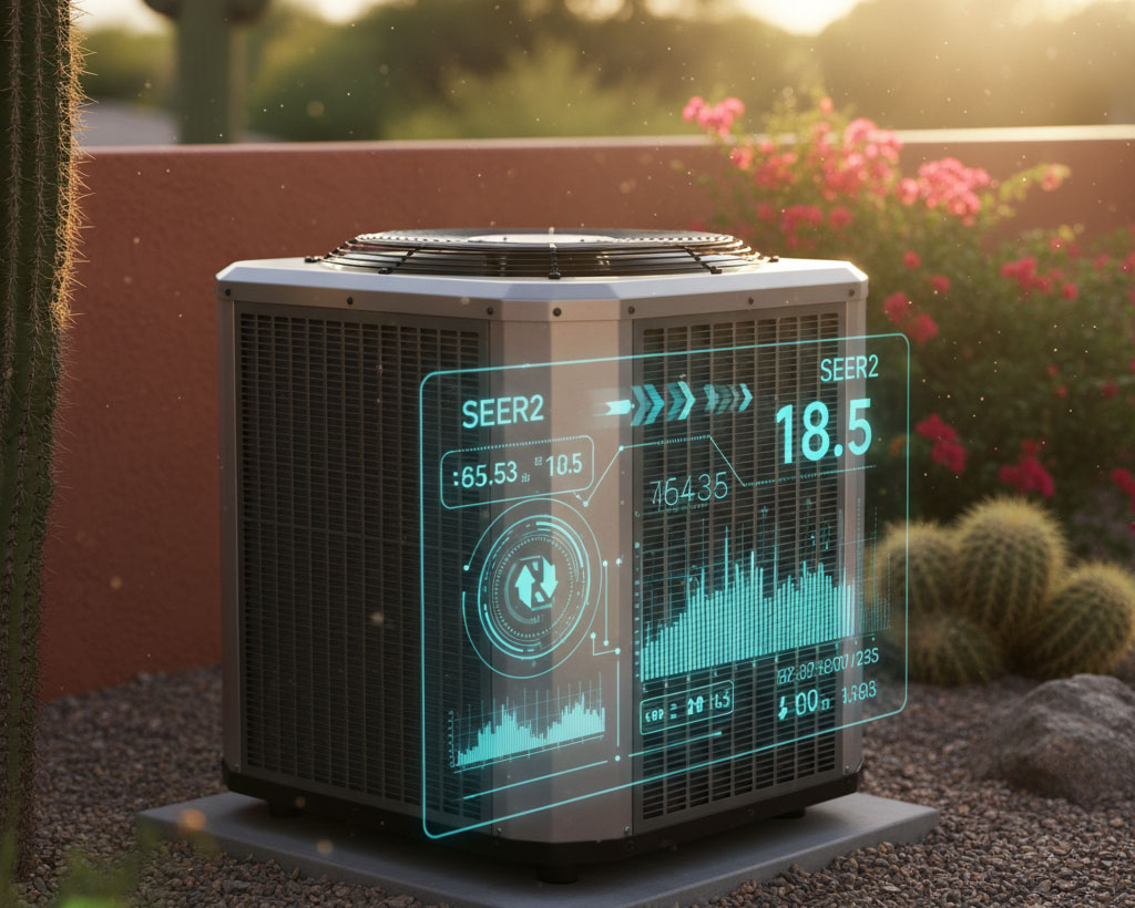 A modern outdoor air conditioning unit sits on gravel with digital graphics displaying energy efficiency data and performance metrics, surrounded by desert plants.