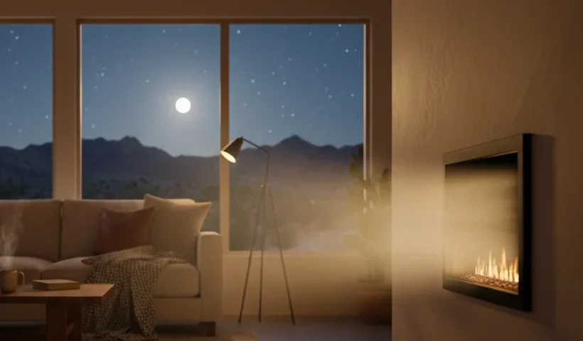 A modern living room with a sofa, coffee table, and floor lamp, featuring a lit fireplace—ideal for cozy nights after heater maintenance in Mohave Valley—with large windows framing a starry sky and full moon over the mountains.