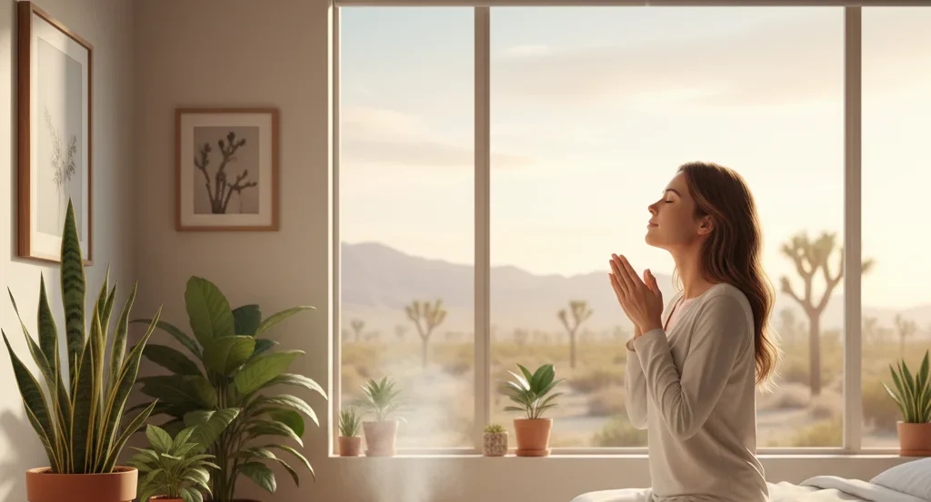 A woman sits on a bed in a sunlit bedroom with plants, a humidifier, and a desert landscape visible through the window, reflecting the comfort that comes with proper heater maintenance in Mohave Valley.