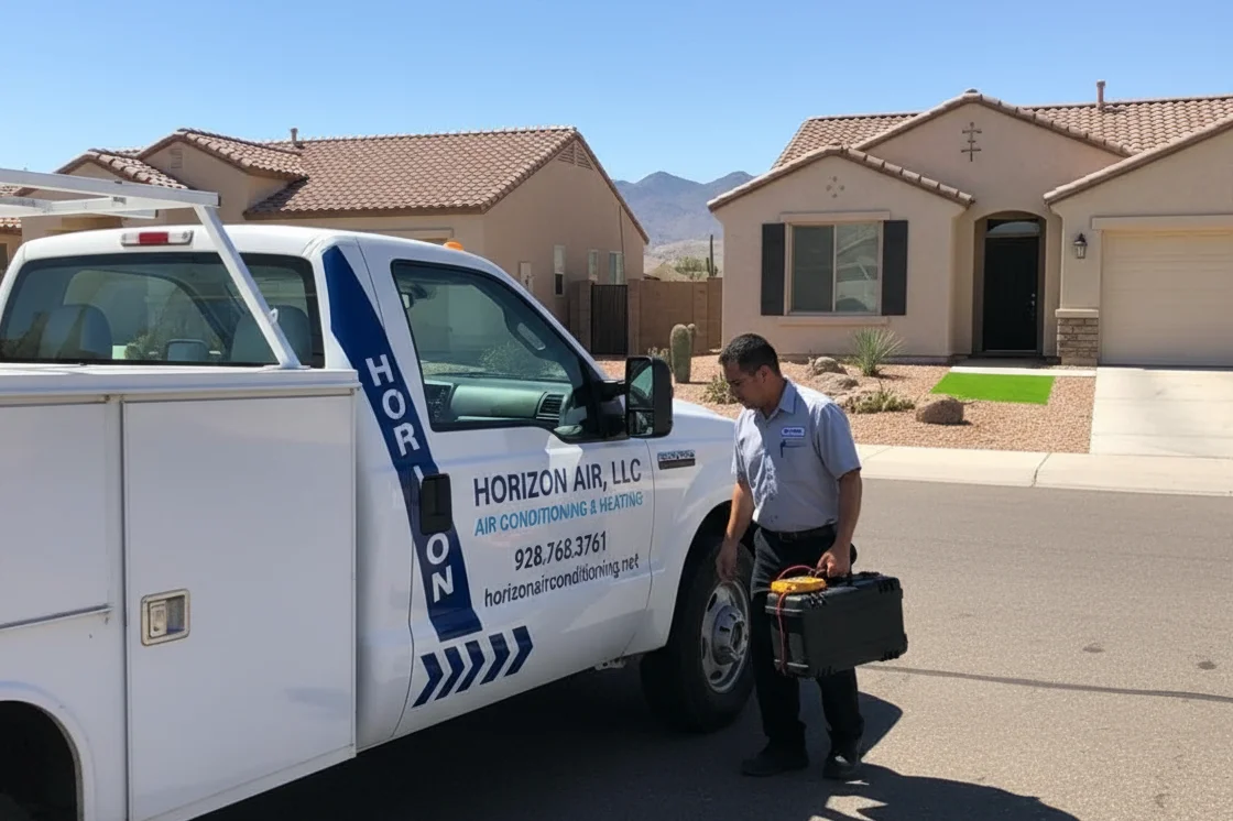 Mohave Valley technician during fall HVAC inspection in a local home.