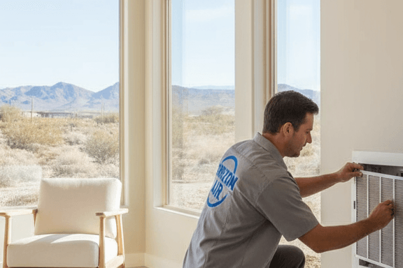 Horizon Air LLC technician inspecting air intake, confirming accuracy after fall cleaning.