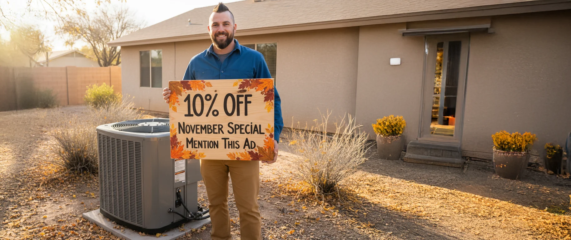 A man stands outside a house next to an air conditioning unit, holding a sign that says “10% Off November Special Mention This Ad.”.