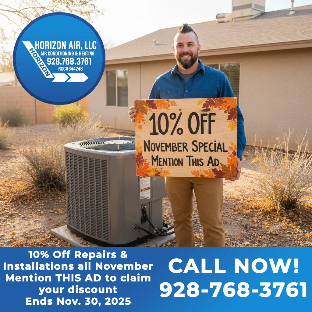 Horizon Air technician holding November HVAC discount sign in a Mohave Valley backyard.
