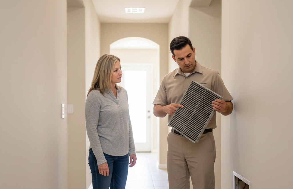 A technician in uniform shows a dirty air filter to a woman in a hallway near a vent in the wall.