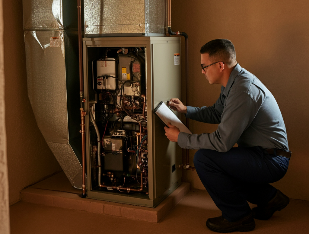 Professional HVAC technician inspecting internal furnace components with a clipboard in a residential utility room.
