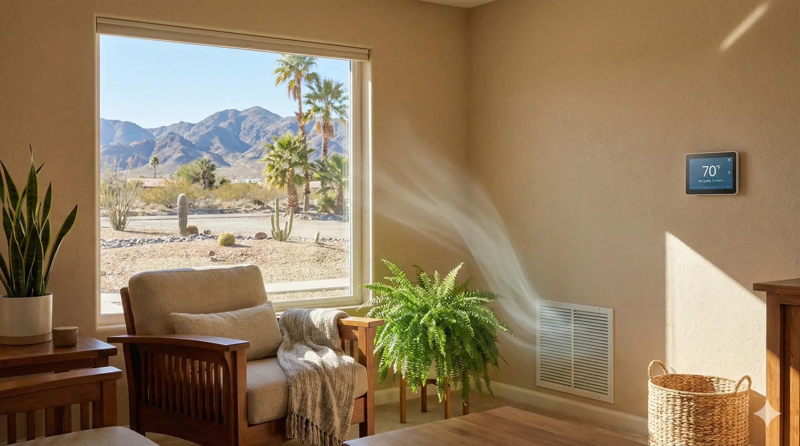 A sunlit living room with wooden furniture, a potted fern, and a blanket, featuring a window with a desert view and a wall-mounted smart thermostat displaying 70°F—perfect for maintaining indoor air quality during the Arizona winter.