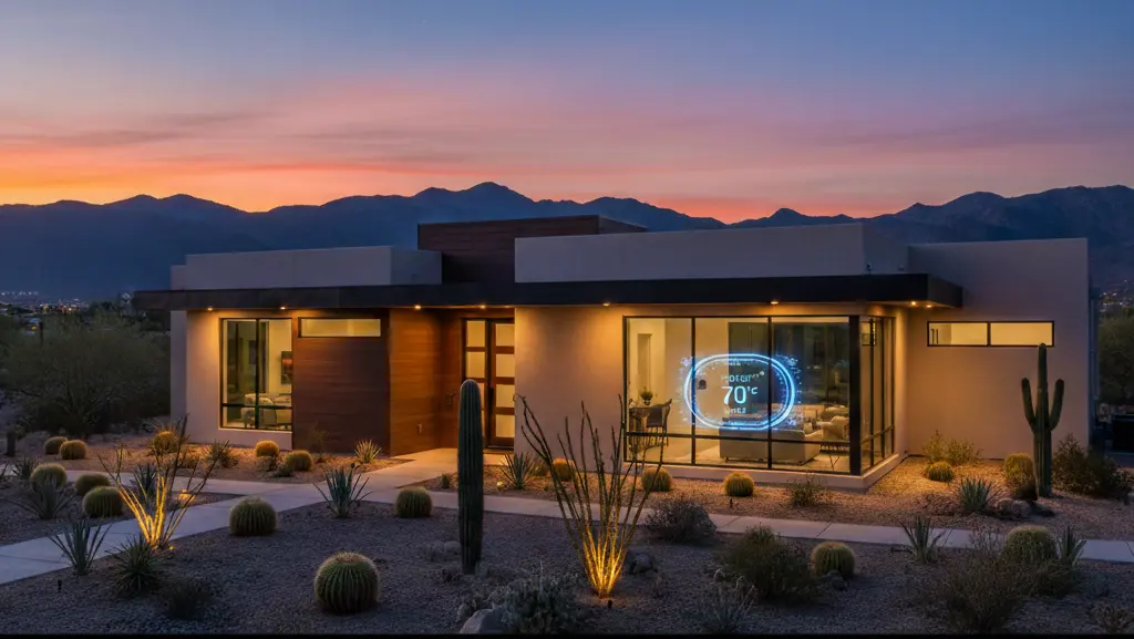 Modern, single-story house with large windows and desert landscaping, featuring HVAC optimization for an Arizona winter. Outdoor lighting illuminates a digital thermostat display reading 70°F at sunset, with mountains in the background.