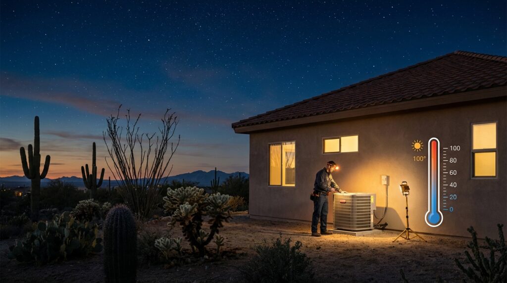 Digital thermostat set for heating in a Fort Mohave home, optimizing HVAC for desert winter nights.