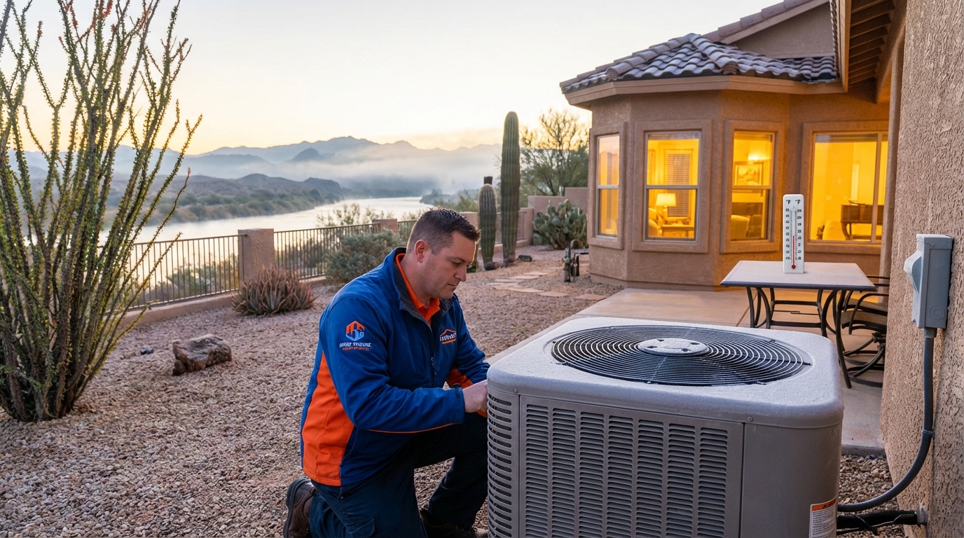 HVAC technician performing a mid-winter heating system check in a Fort Mohave home to prepare for cold snaps