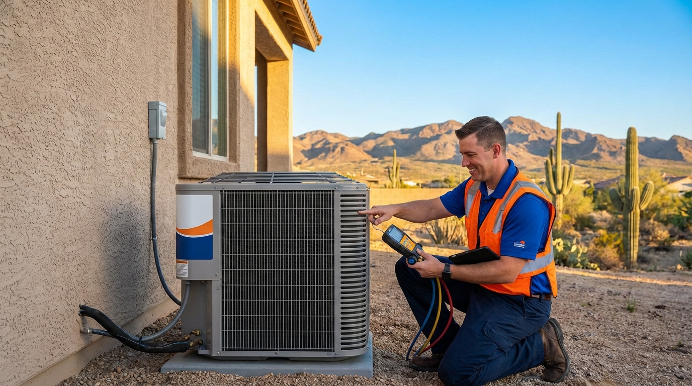 Horizon Air LLC technician performing a heating and cooling system check in Mohave Valley, AZ.