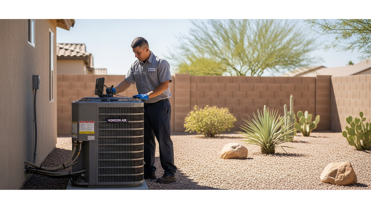 Horizon Air tech performing an AC heating and cooling tune-up on a residential outdoor unit in Mohave County.