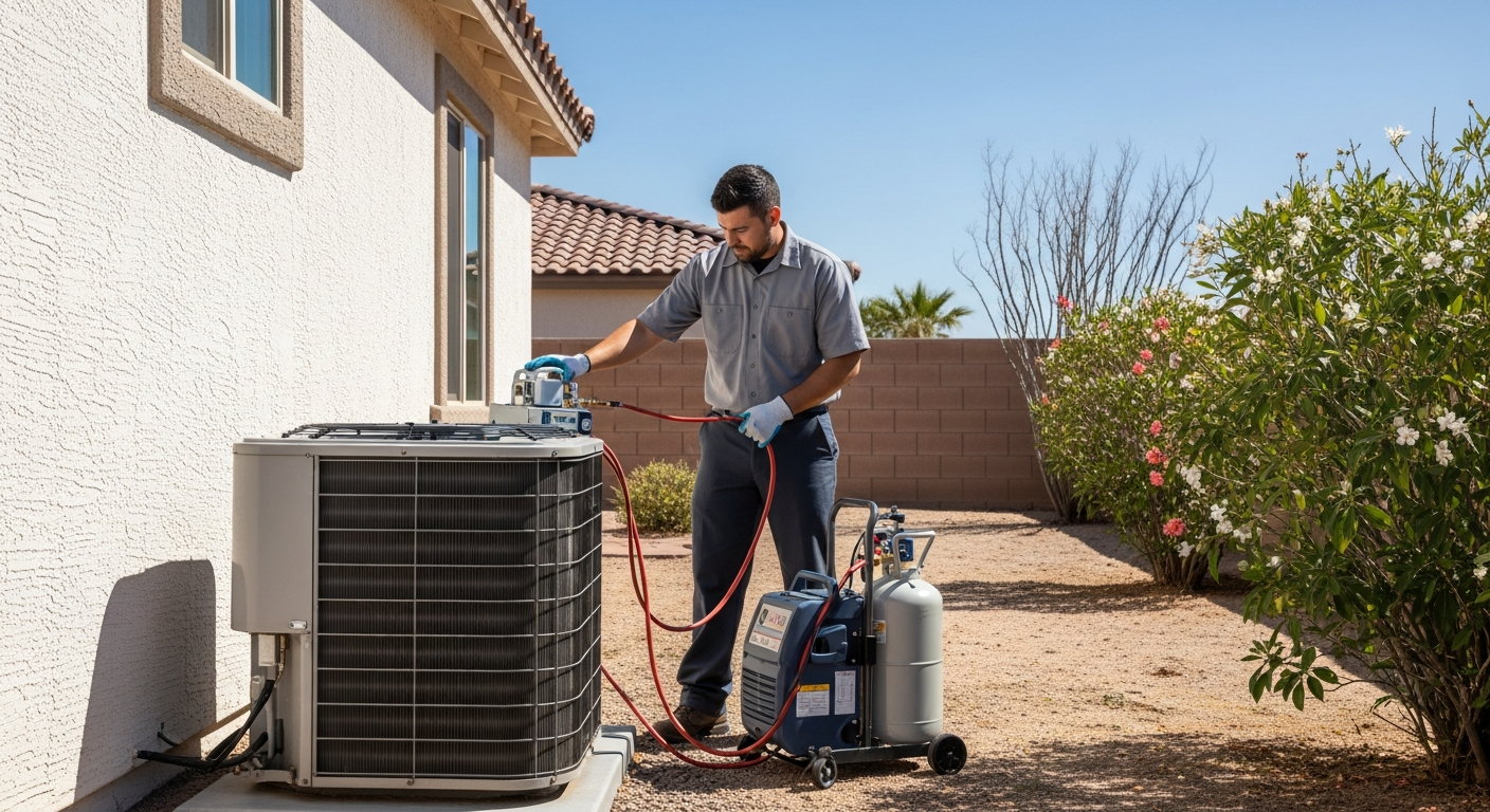 Horizon Air LLC technician recovers refrigerant from an old unit during an AC installation in Bullhead City.