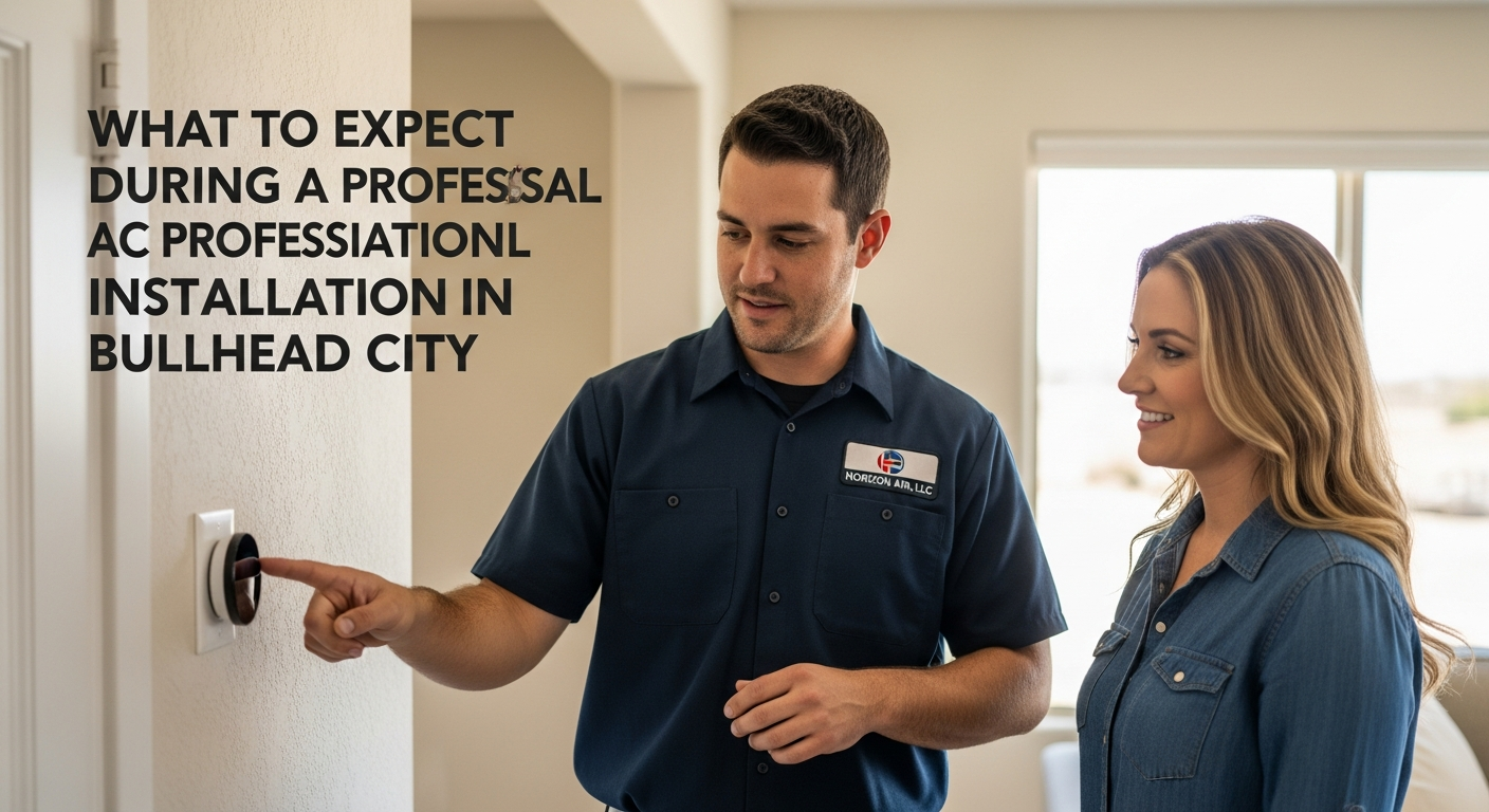 Horizon Air LLC tech showing a homeowner how to program a smart thermostat after AC installation in Bullhead City.