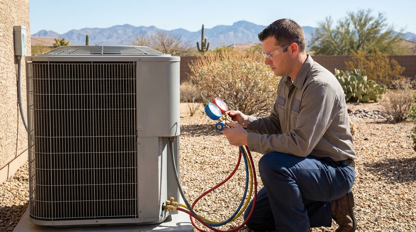 Horizon Air LLC tech providing same-day AC repair in Mohave Valley, checking refrigerant levels on an outdoor AC unit.