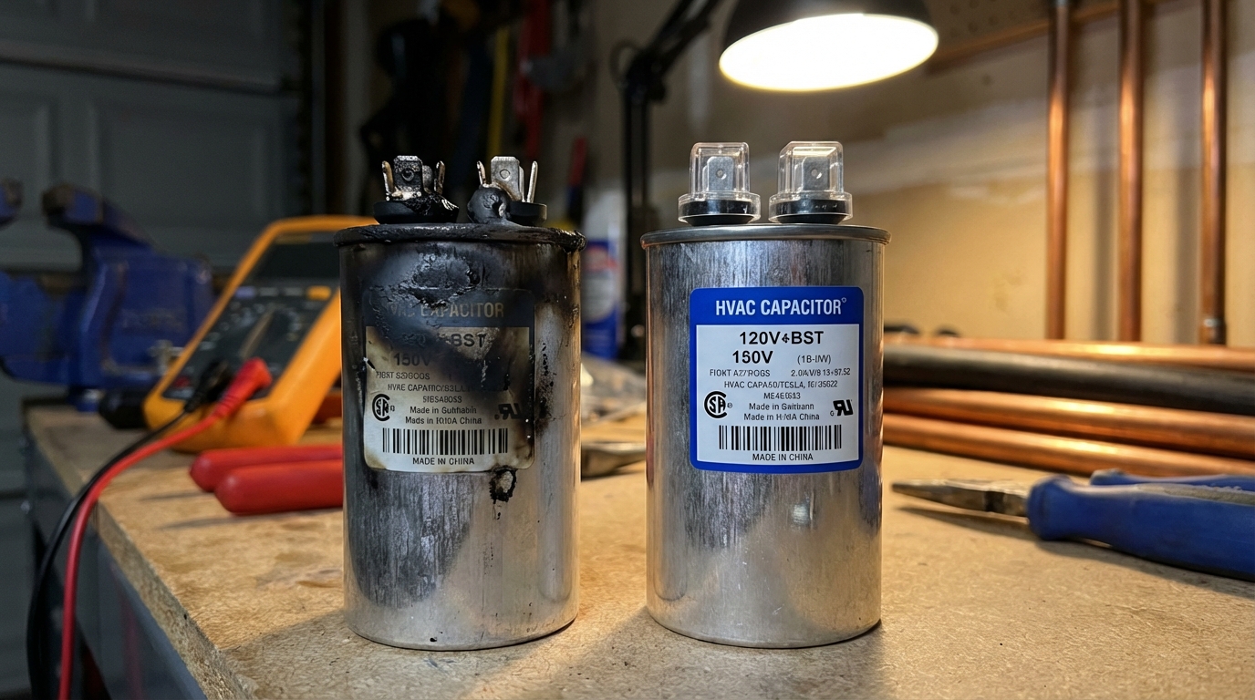 Burnt HVAC capacitor vs new one. Horizon Air LLC offers same-day AC repair in Mohave Valley for overheated units.