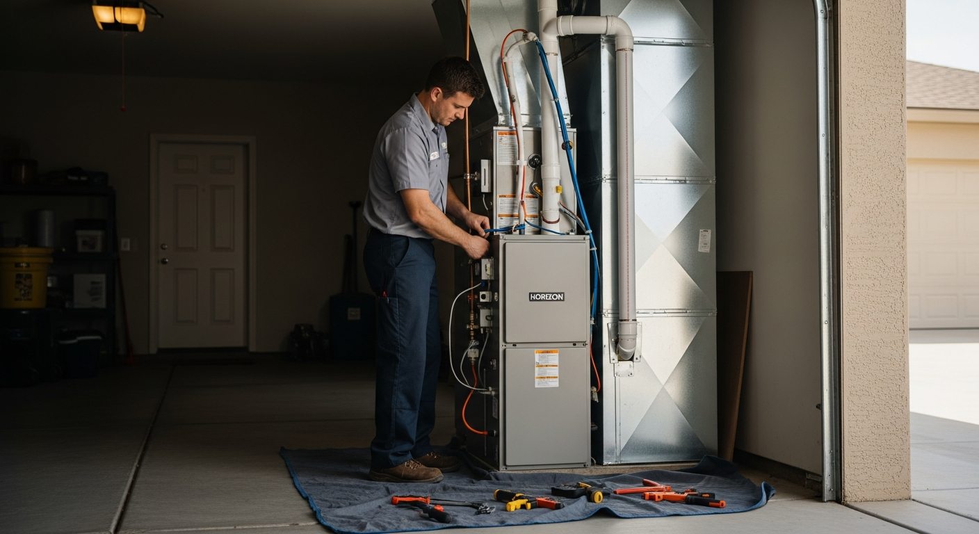 Horizon Air technician installing a high-efficiency furnace in a Fort Mohave residential garage to replace an old heater.