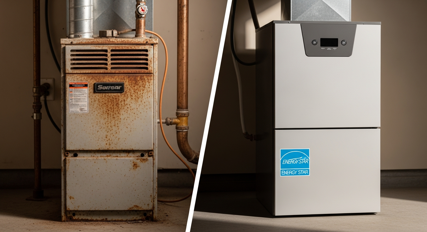 Old heater vs modern ENERGY STAR HVAC. Quality furnace installation Fort Mohave by Horizon Air.