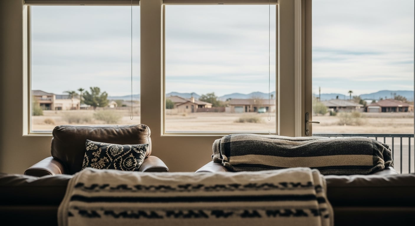 A welcoming Mohave Valley home with desert landscaping and a warm entryway during a golden hour sunset.