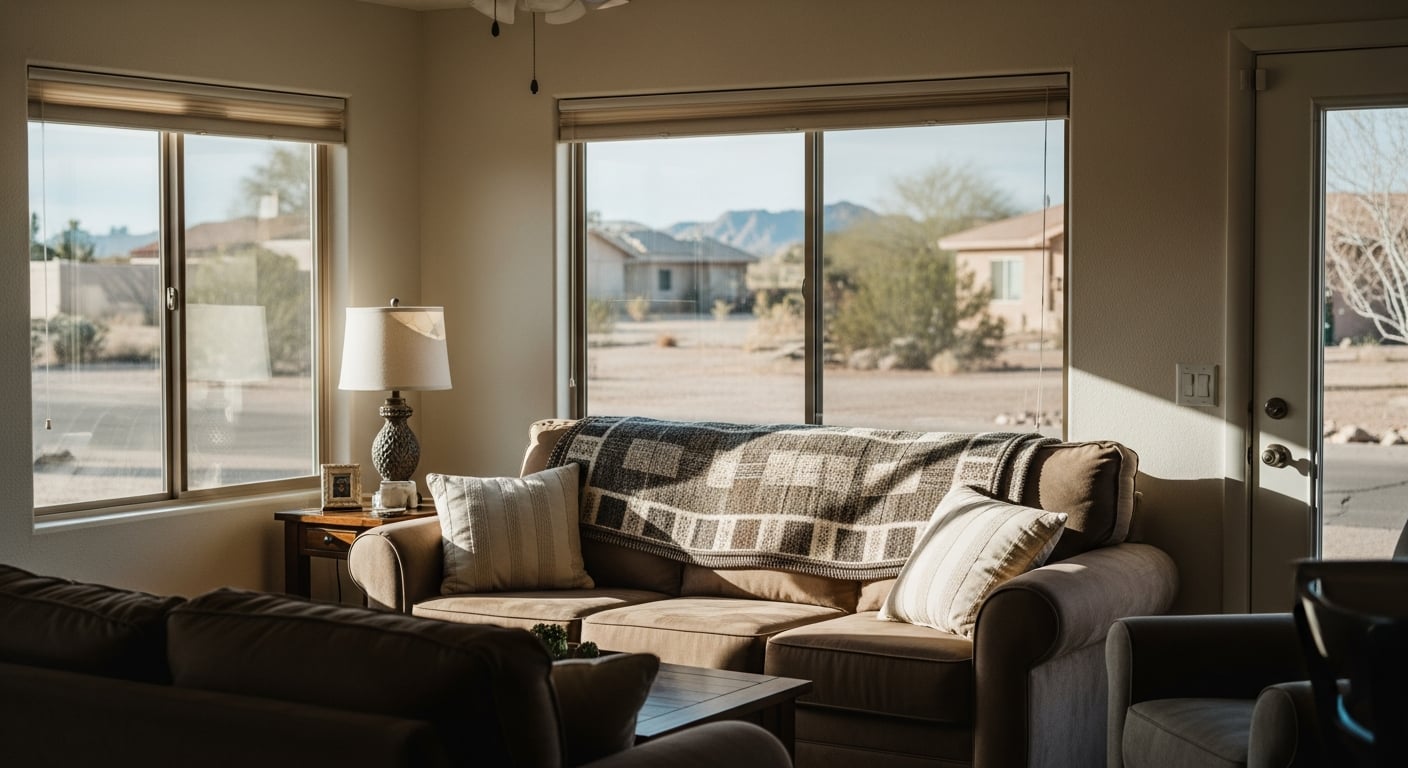 A warm Arizona home exterior at golden hour, ideal for a professional ac installation in Bullhead City.