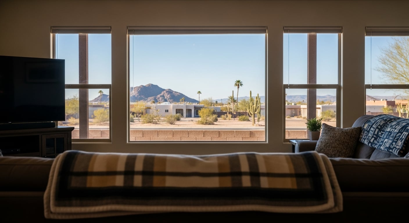 Inviting Arizona home with desert landscaping at golden hour, kept comfortable with ac heating and cooling mohave county.