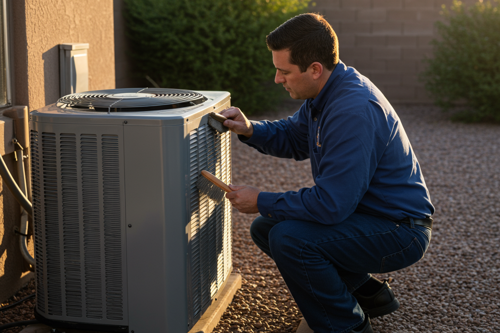 HVAC technician in a blue shirt cleaning the fins of an outdoor air conditioning unit with brushes at sunset.
