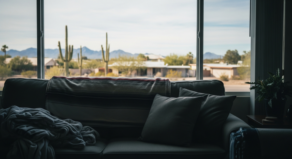 Soft winter light fills a cozy Bullhead City living room with layered blankets, creating a comfortable indoor atmosphere.
