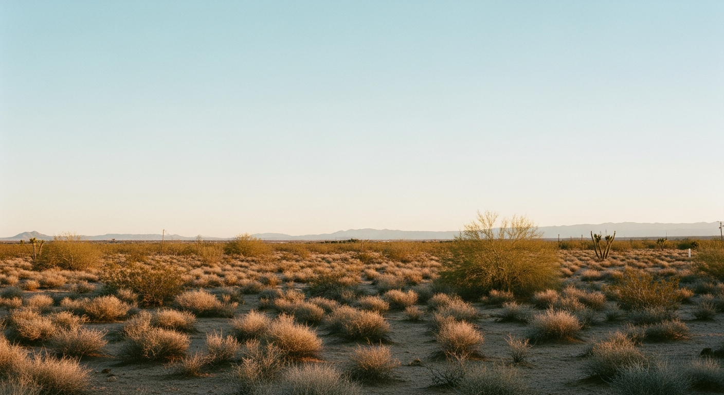 Wide view of the Mohave Valley desert at sunset, with the silhouettes of several saguaro cacti against a clear, warm sky.