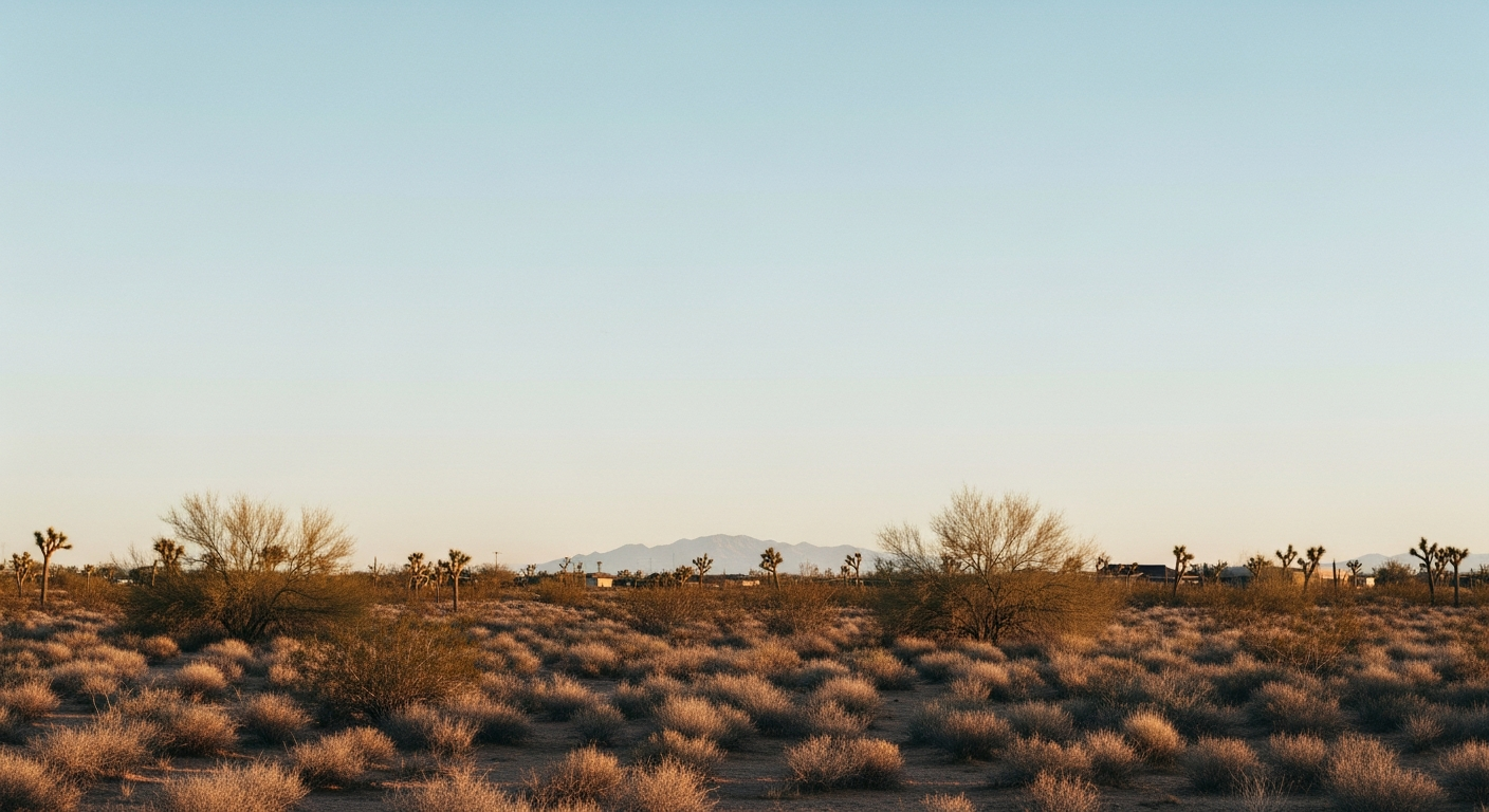Wide view of the Arizona desert at golden hour, with silhouettes of saguaro cacti against a clear, warm-toned sky.