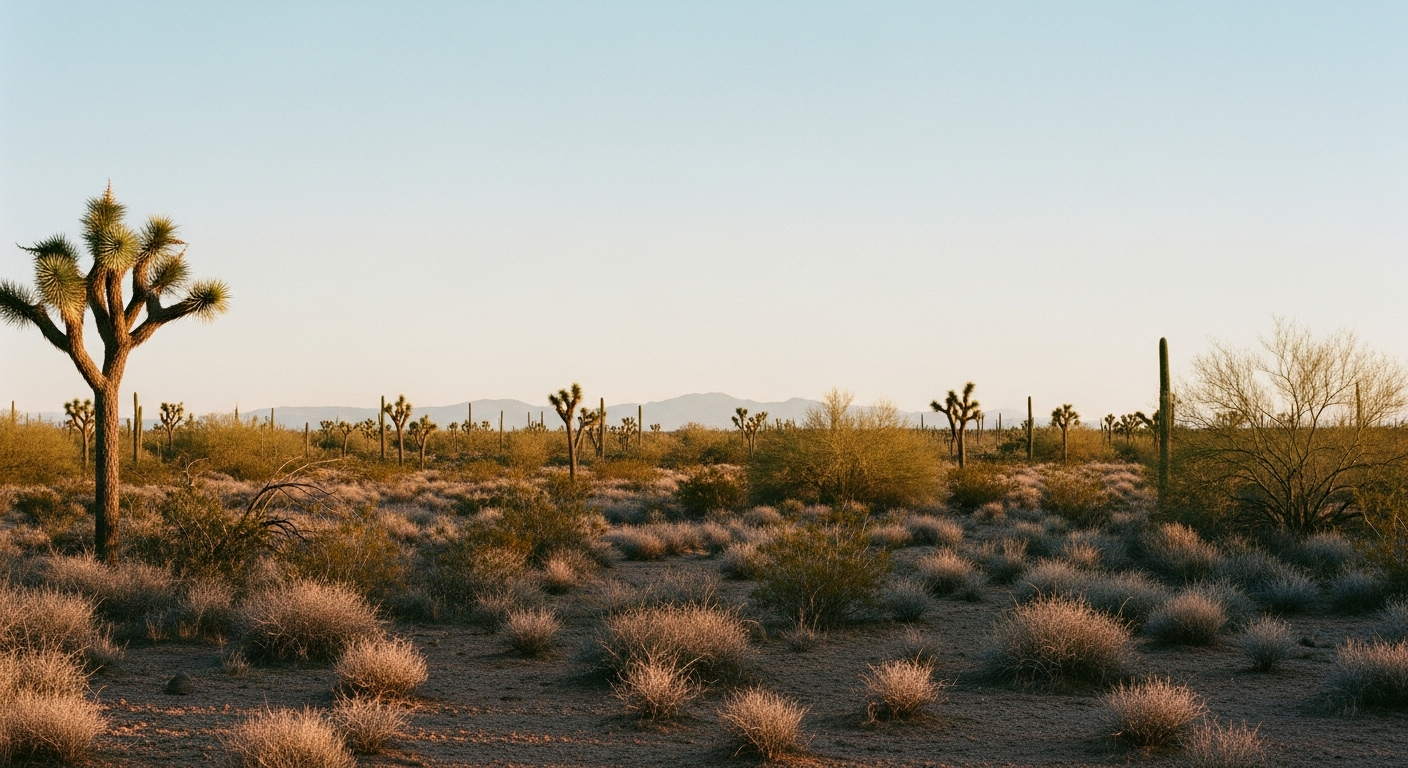 Saguaro cacti silhouetted against a warm, golden sky during a peaceful desert sunset in the Mohave Valley.