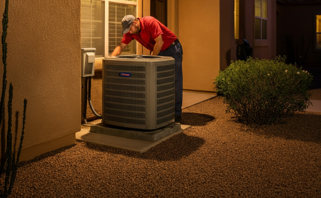 HVAC technician in red shirt inspecting a residential outdoor air conditioning condenser unit at night.