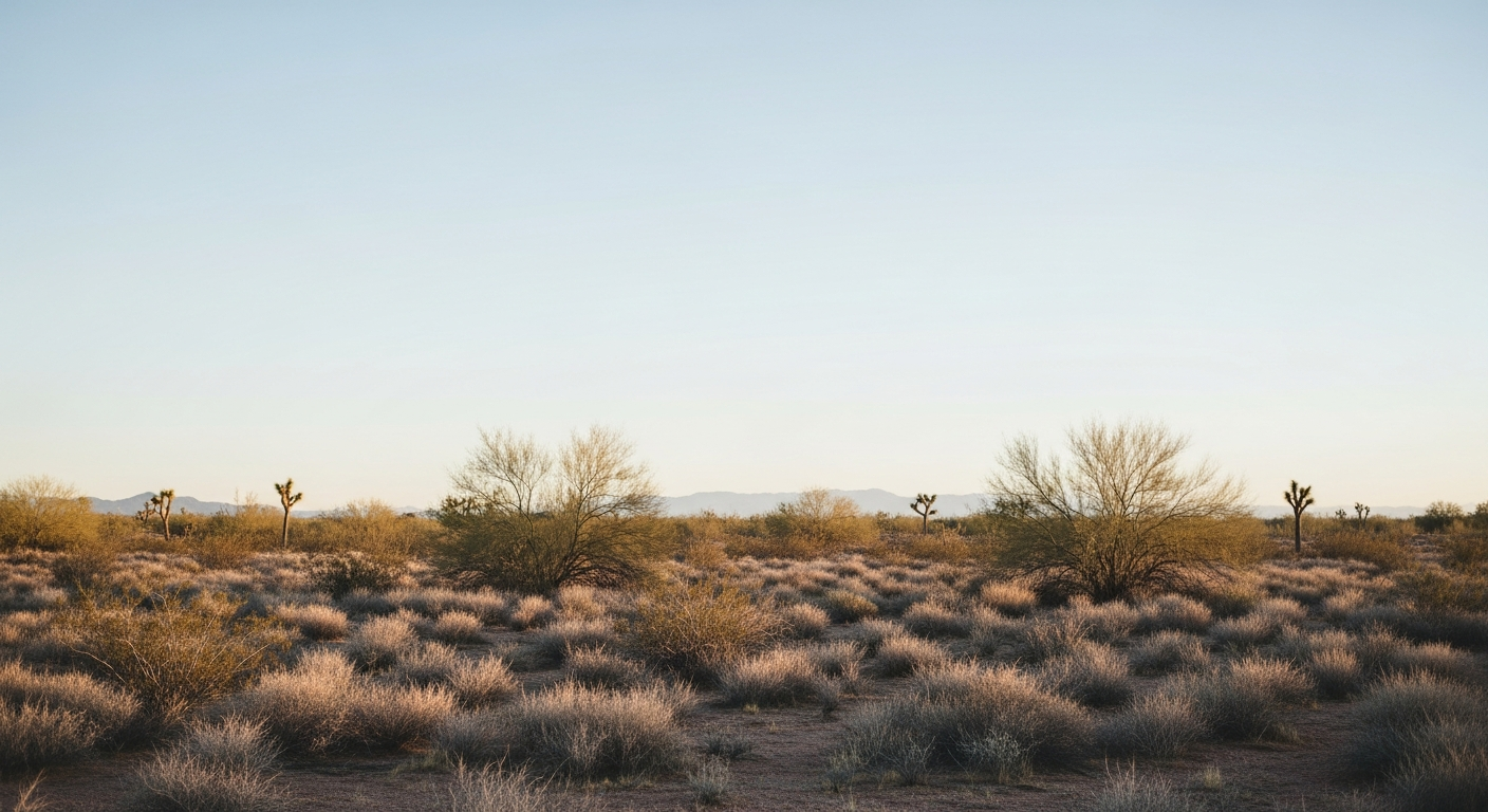 The Mohave Valley desert landscape in soft winter light, with scattered brush under a vast, pale blue sky.