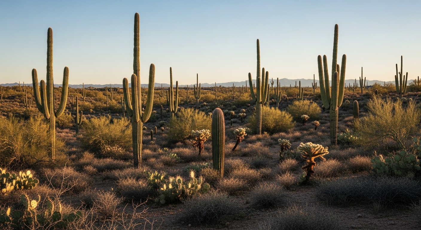 The wide Sonoran desert at golden hour, its saguaro cacti and brush bathed in the warm, low-angled light of a winter sun.