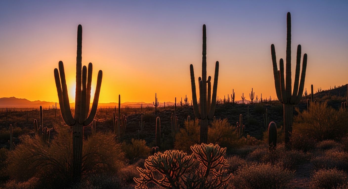 Tall saguaro cacti silhouetted against a brilliant orange sunset, evoking a hot Arizona desert evening in Bullhead City.