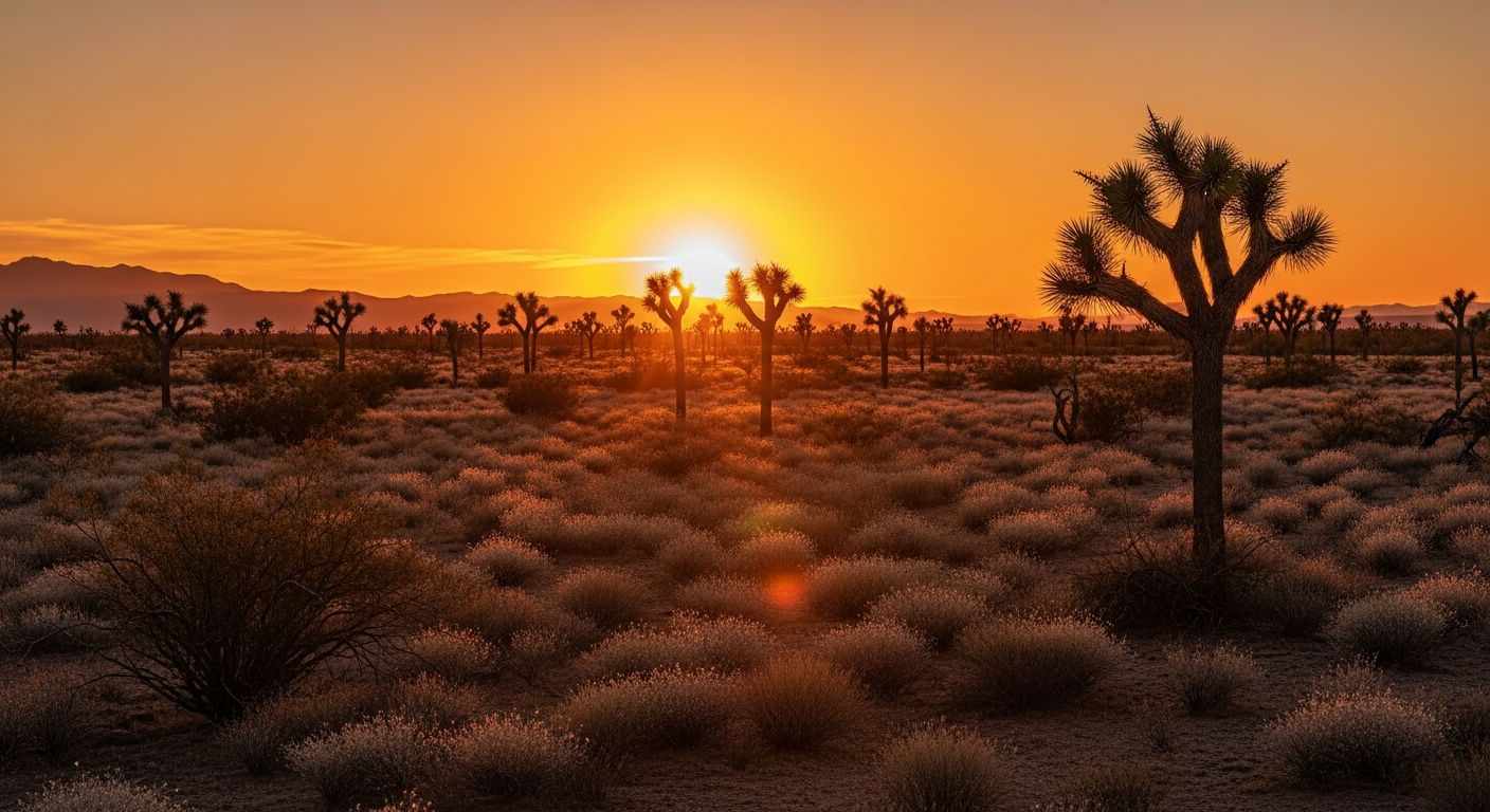 A Sonoran desert sunset casts an amber glow over the horizon and sparse desert brush in the Bullhead City, AZ area.