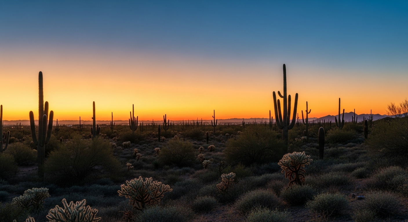 The sun sets over a vast Arizona desert, silhouetting a lone saguaro cactus against a sweeping twilight sky.
