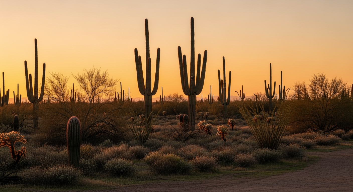 Tall saguaro cacti are silhouetted against a warm, orange sky during a golden hour sunset in the Arizona desert.