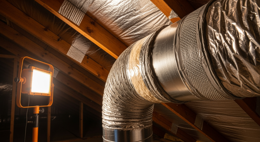 flexible ductwork connection being sealed with mastic sealant and mesh tape
